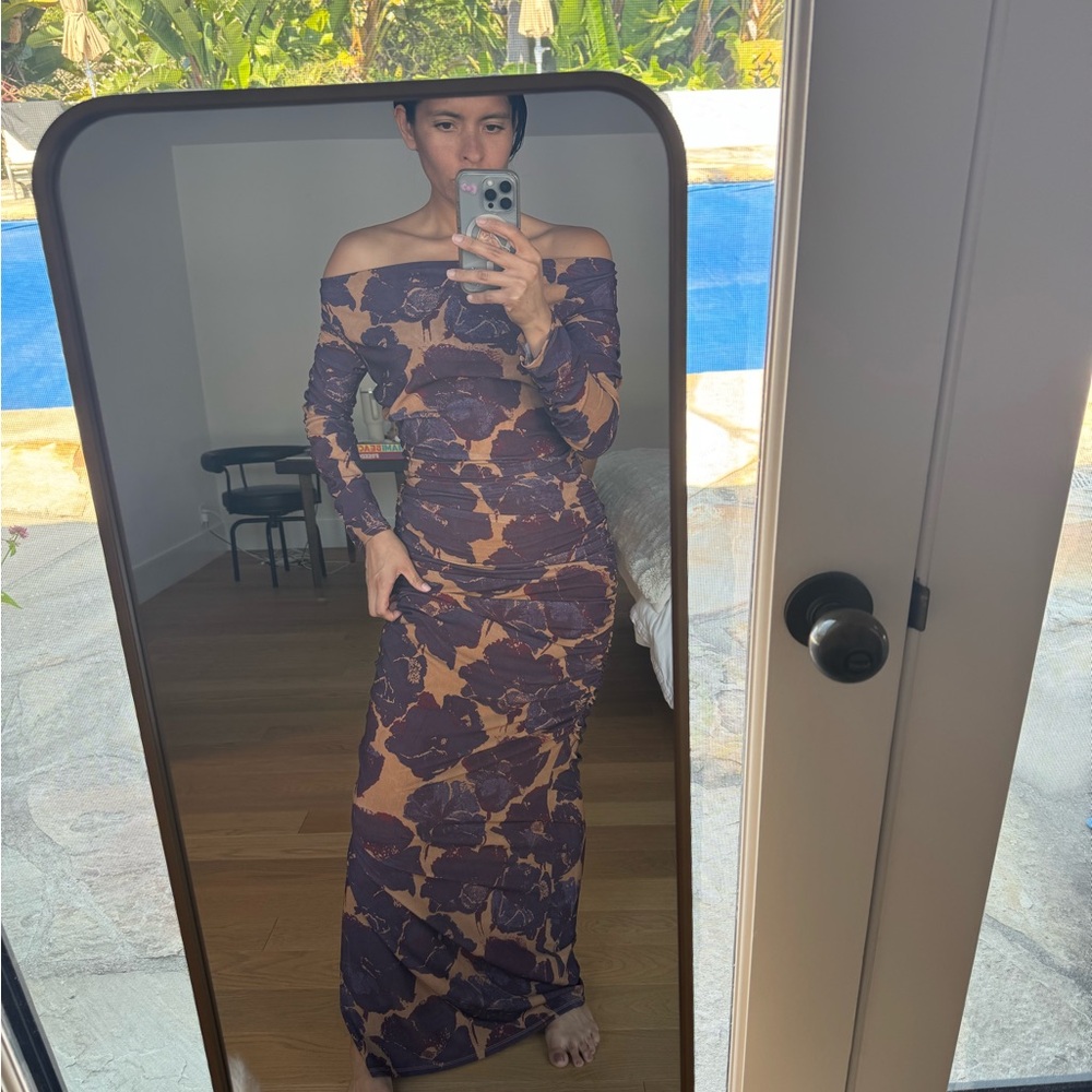 STAUD Off-Shoulder Long Sleeve Dress in Purple and Tan